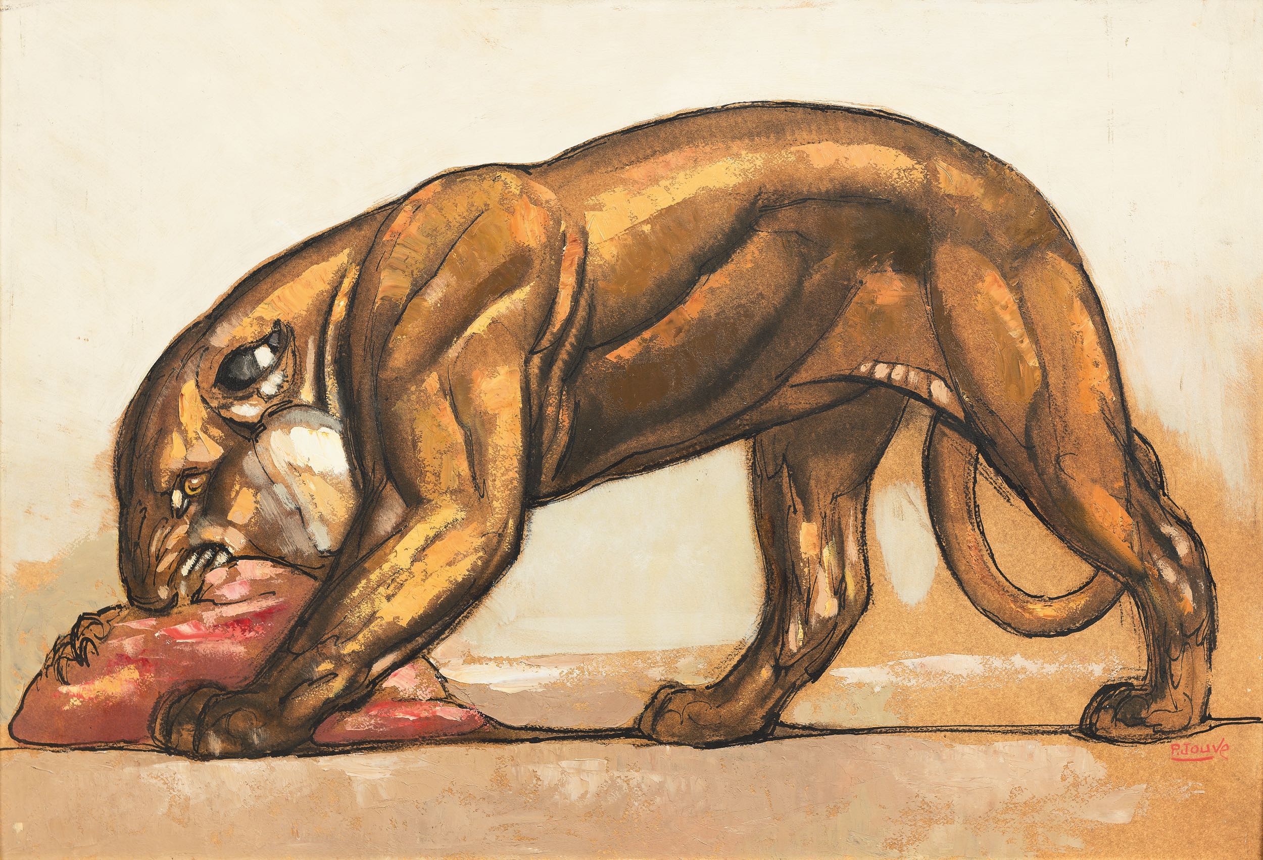 Lionne sur sa proie, vers 1932.